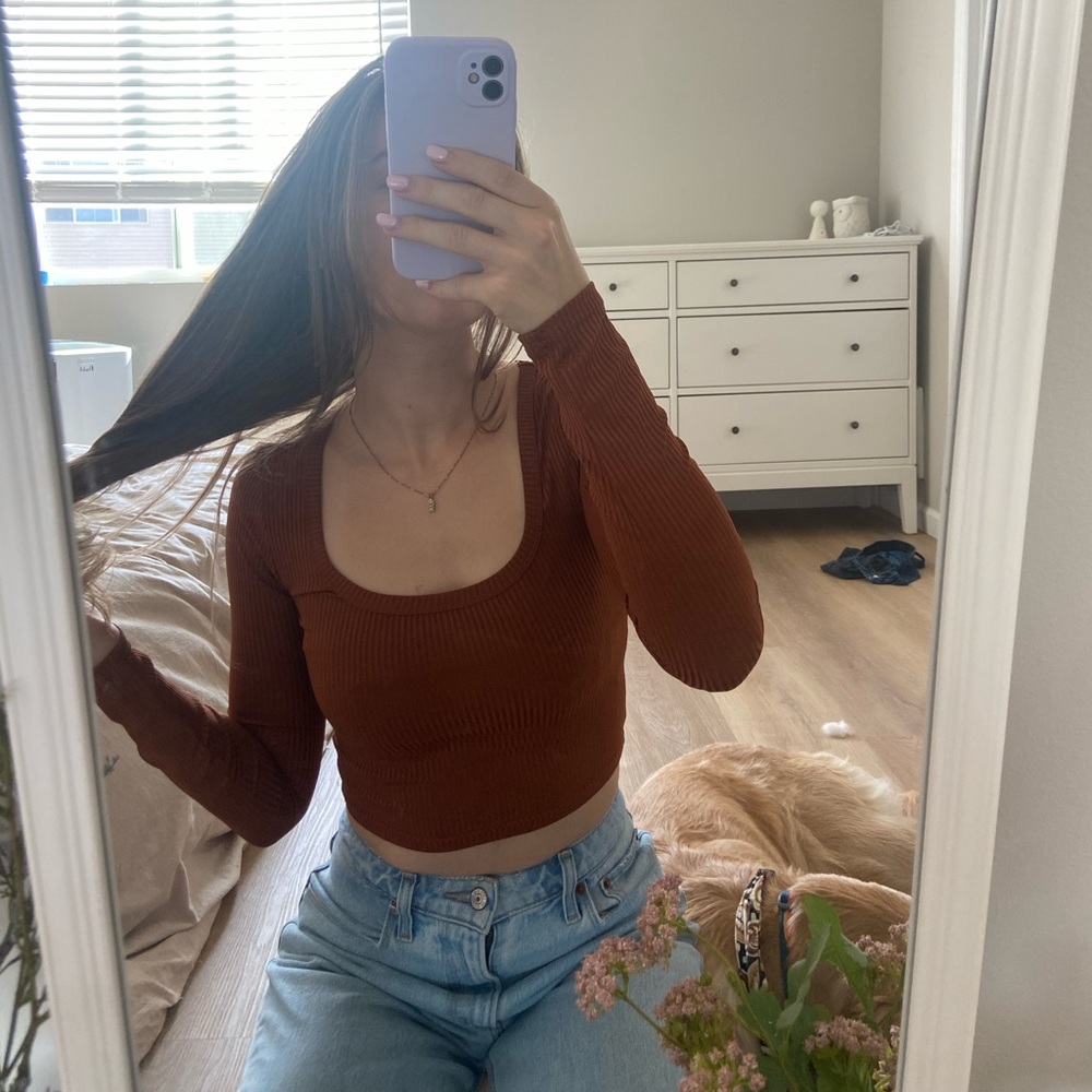 Burnt Orange / Brown Square Neckline Crop Top